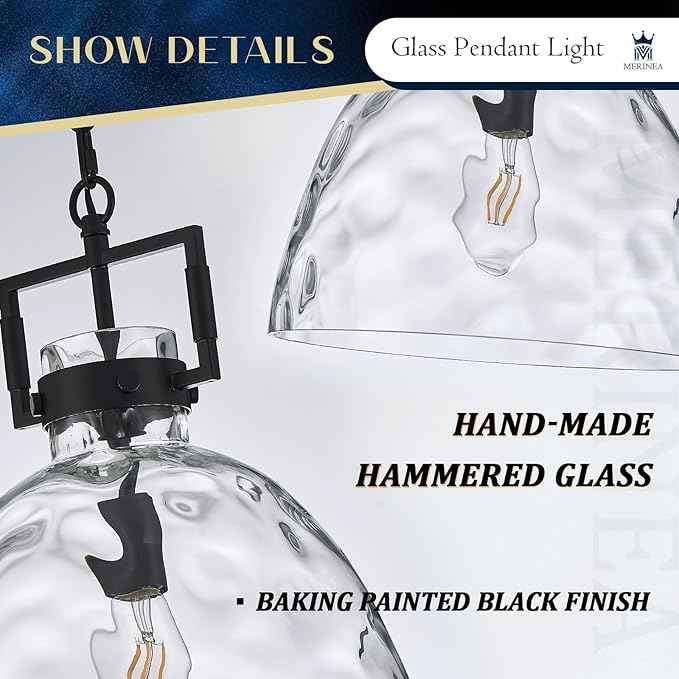 Glass Pendant Light, 13.8 Inch Single Hanging Ceiling Light with Adjustable Chain, E26 Base Oversized Hammered Clear Glass Kitchen Island Pendant Lighting in Matte Black for Dining Room, Entryway