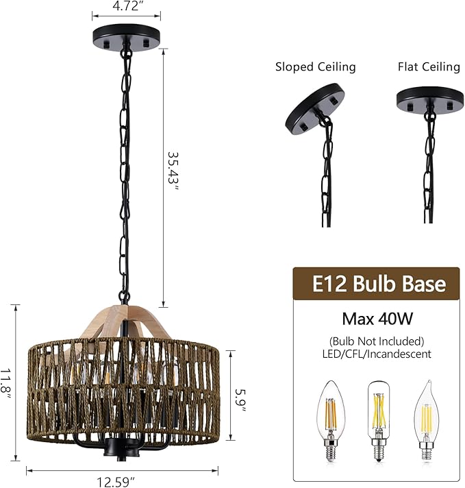 Antique Dining Room Light Fixture, 4-Light Rattan Pendant Light with Drum Shade, Adjustable Woven Wicker Ceiling Hanging Light, Farmhouse Boho Chandelier for Living Room Kitchen Island