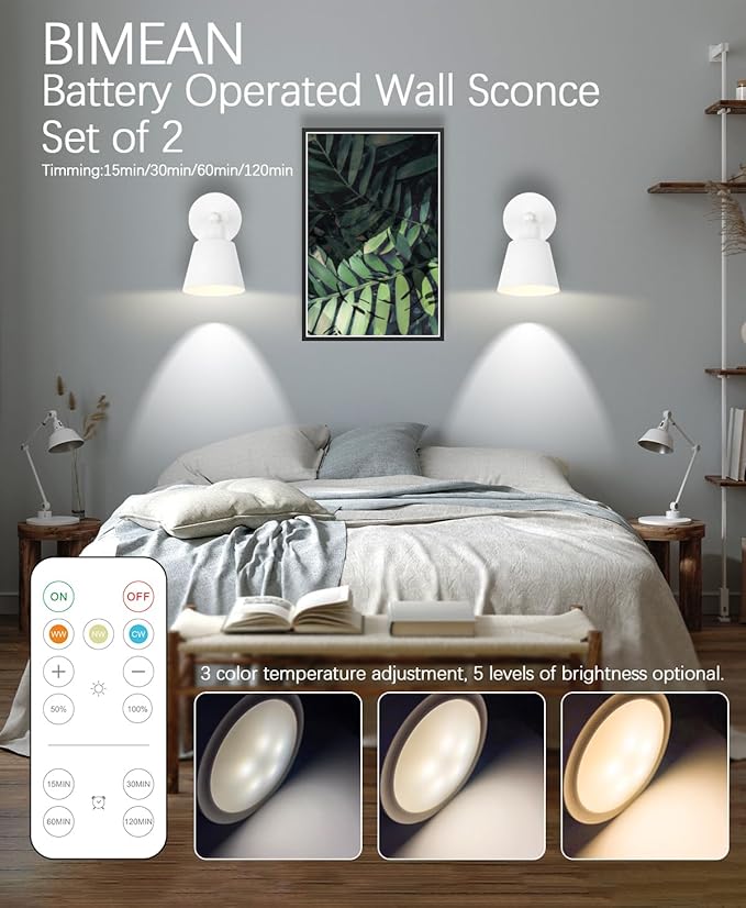 White Battery Operated Wall Sconce Set of Two, Easy to Install Wireless Lights for Wall, Remote Control Dimmable LED Lights, Auto Timer Wall Lamp Fixtures for Bedroom, Gallery, Living Room, RV…