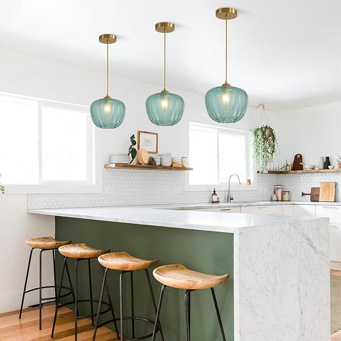 KCO Lighting Vintage Green Glass Pendant Light Gold Globe Pendant Lights Mid Century Modern Hanging Light Retro Pendant Light Fixtures