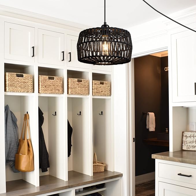 11.42’’ Black Woven Plug in Pendant Light Fixture, Rustic Round Ceiling Hanging Light with Plug in Cord & On/Off Switch for Entry Bedroom Kitchen Island Living Dining Room Foyer