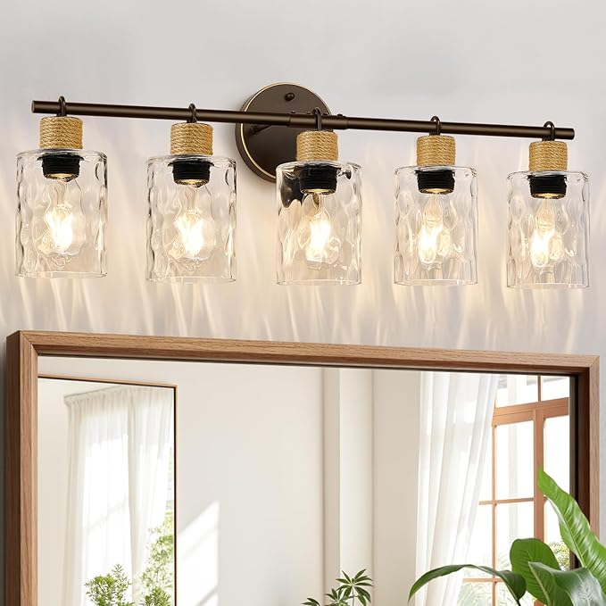 MOKATNG Bathroom Light Fixtures, 5-Light Coastal Vanity Lights with Crystal Glass Shade, Oil-Rubbed Bronze Bathroom Wall Lamp for Mirror Kitchen Hallway Cabinet