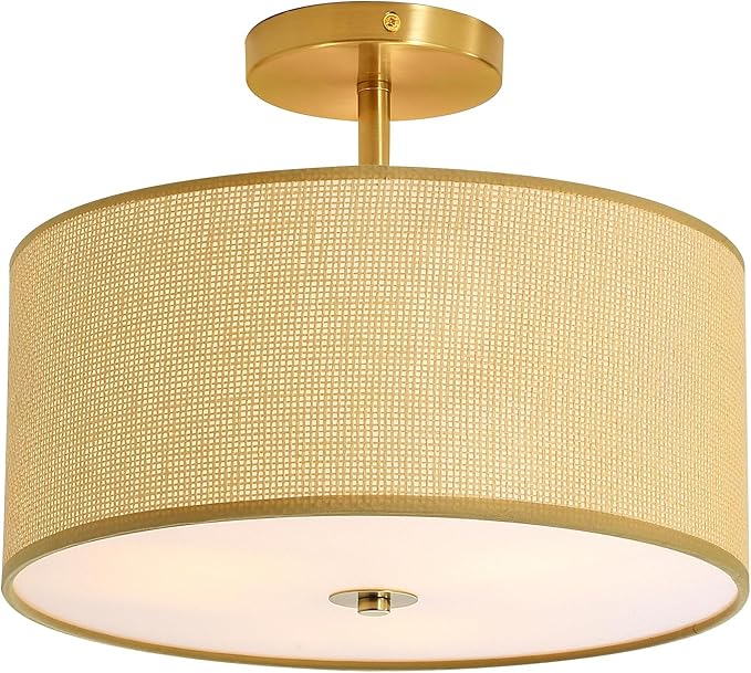 Fabric Semi Flush Mount Lighting Fixture, Modern Semi Chandeliers, Drum Farmhouse Ceiling Light, Beige Fabric Shade 3-Light for Kitchen Island Bedroom Hallway Foyer, E26, W12xH14