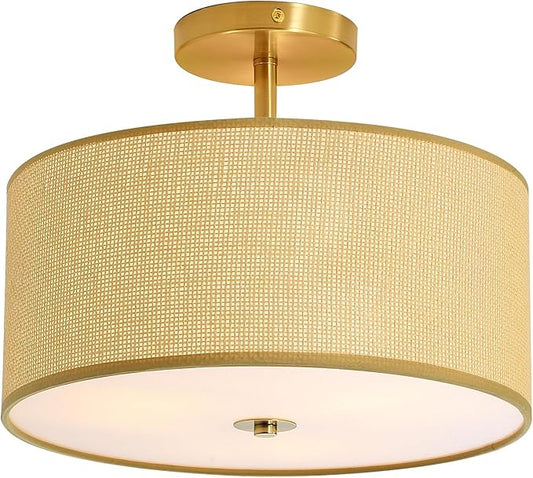 Fabric Semi Flush Mount Lighting Fixture, Modern Semi Chandeliers, Drum Farmhouse Ceiling Light, Beige Fabric Shade 3-Light for Kitchen Island Bedroom Hallway Foyer, E26, W12xH14