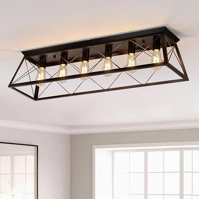 38” Large Black Flush Mount Ceiling Light Fixture, 6-Light Vintage Industrial Cage Chandelier for Dining Room, Kitchen Island, Living Room, Hallway, Dimmable Semi Flush Mount Close to Ceiling Lighting