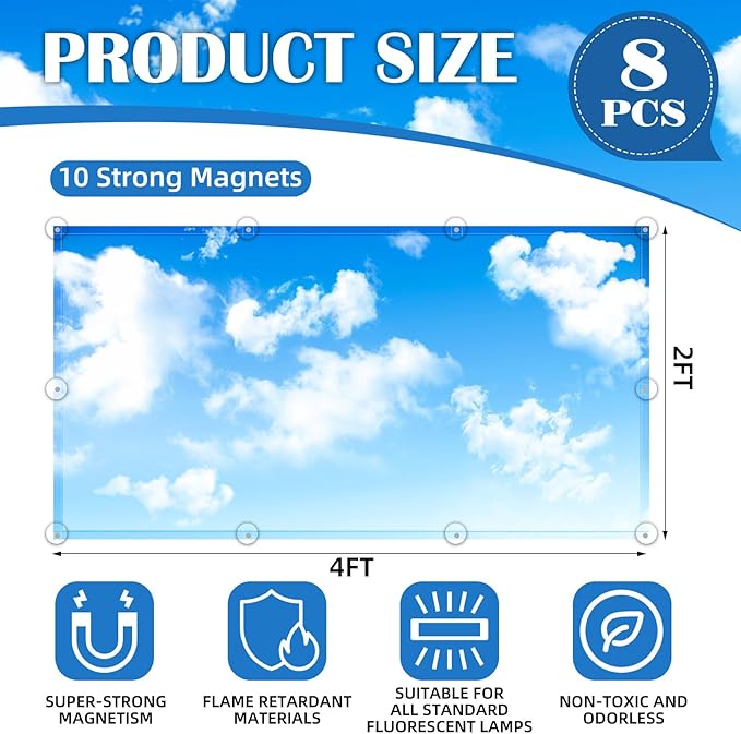 ANGSYLTH 8 Pcs Fluorescent Light Covers - 4 x 2 Feet Covers for Ceiling Lights, 8 x 10 Magnetic Light Filters for Classroom, Office, Hospitals