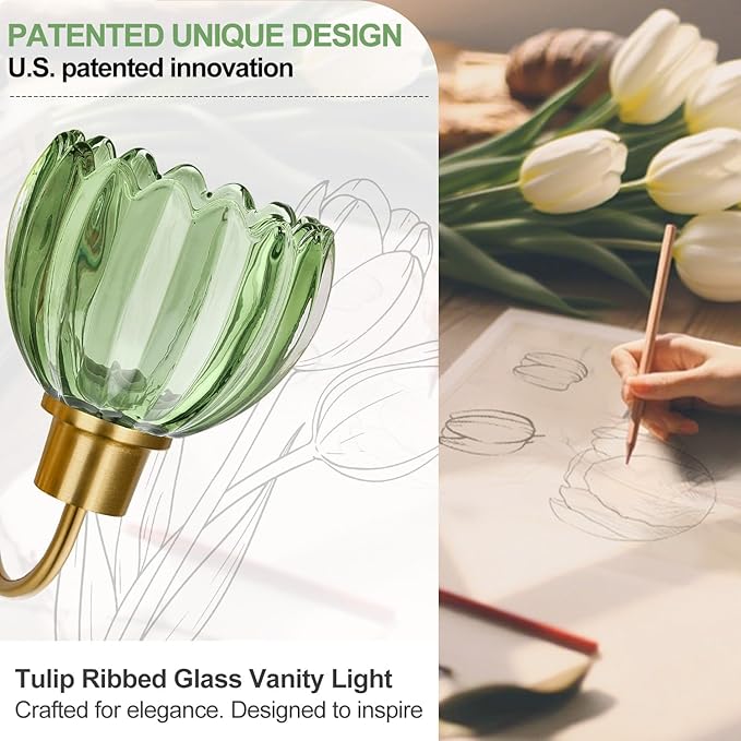 4-Light Bathroom Light Fixtures, 27" Brushed Gold Vanity Lights for Bathroom with Ribbed Green Tulip Glass Shade, Vintage Bathroom Vanity Lighting Fixtures Over Mirror for Bedroom Living Room Hallway