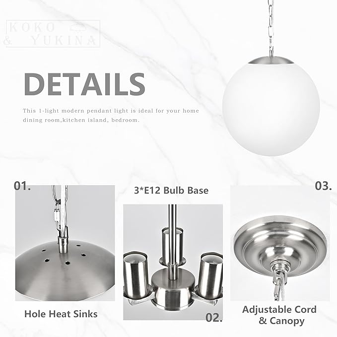KoKo&Yukina 13.7 Inch Nickel Globe Pendant Light Adjustable Globe Pendant Lights Kitchen Island Mid Century Light Fixture with Milky White Glass Shade for Living Room