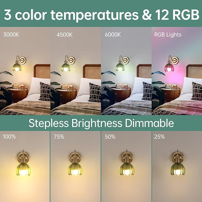 Shenmoyl Vintage Battery Operated Wall Sconce Set of 2, 5000mAh Rechargeable Wall Light, Indoor Battery Powered Wall Lamp for Bedside Bedroom Living Room, Tulip Green