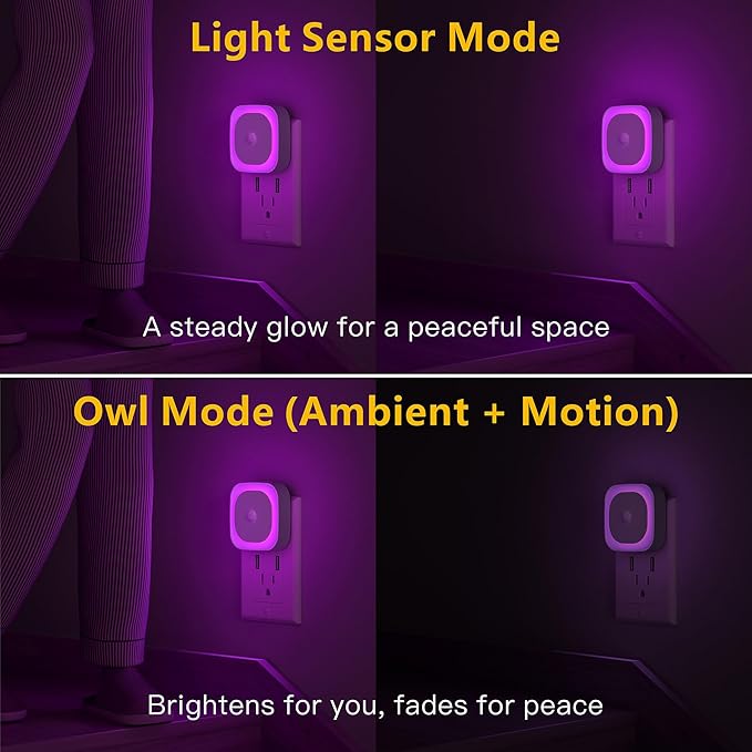 YUNLEX 2 Pack Plug in Night Light with Motion Sensor & Dusk to Dawn Sensor, 3 Sensor Modes, Purple Lights Plug into Wall, Dimmable Calming Glow for Meditation, Relaxation, Bathroom, as Mother Gifts