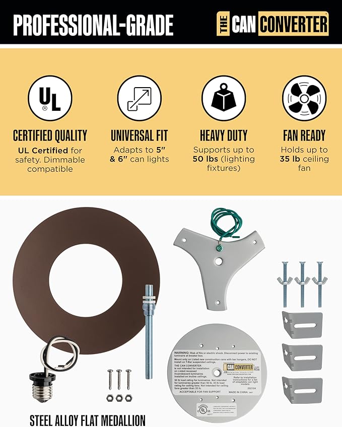 The Can Converter R56 Recessed Can Light Conversion Kit w/ 7"¾ Flat Ceiling Medallion - Home Improvement for 5" & 6" Cans, Converter Kit for Fan & Light Fixture, UL Certified, Oil Rubbed Bronze