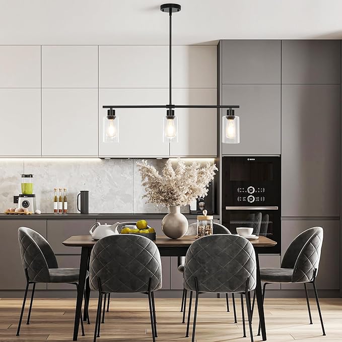 Kitchen Island Lighting, 3-Light Black Island Lights for Dining Room Light Fixture Over Table, Modern Linear Chandelier with Clear Glass Shade, 31" Farmhouse Hanging Pendant Light Fixtures for Kitchen