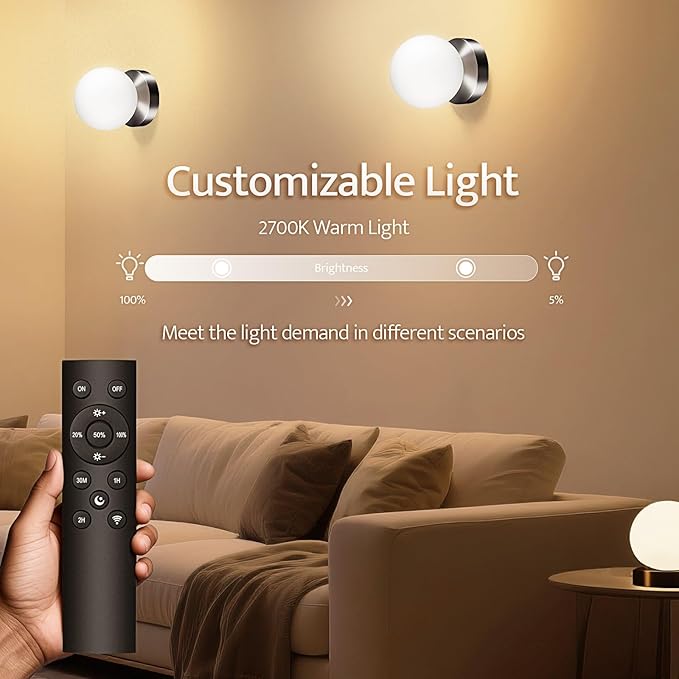 Battery Operated Wall Sconce, Dimmable Wireless Brushed Nickel Wall Lamp with 5200mAh Rechargeable Battery, Portables Cordless Wall Light Fixtures for Painting Living Room Bedroom Hallway