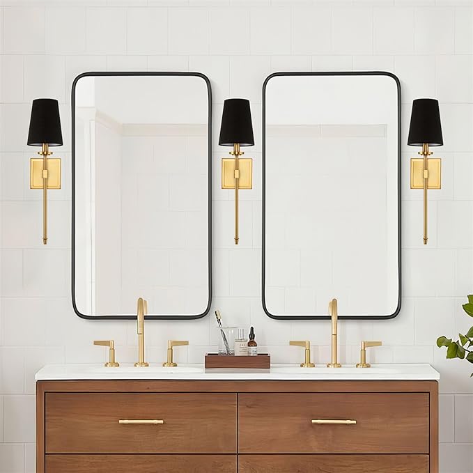 Kira Home Torche 20" Mid Century Modern Wall Sconce with Tapered Black Linen Shade, Candle Wall Light with Elongated Tail, Warm Brass Finish