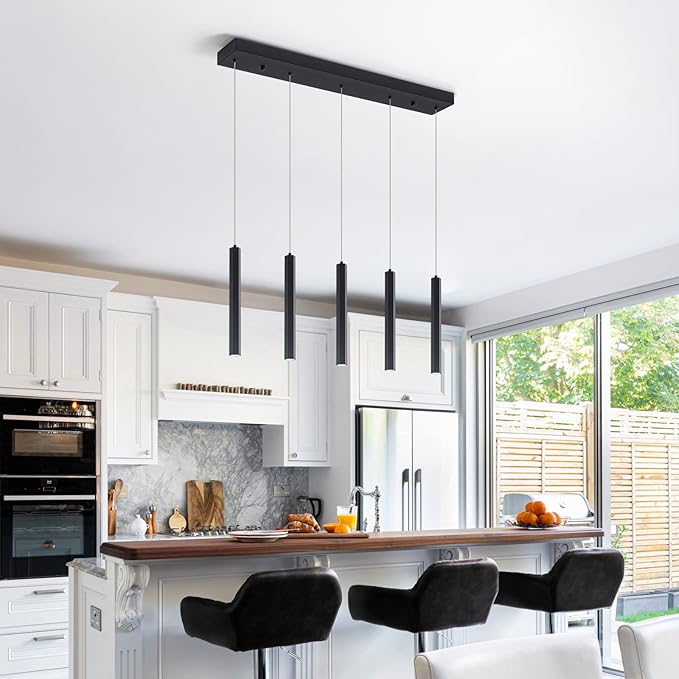 Modern Pendant 5 Light with Adjustable Height - Acrylic Shades & Matte Black Finish Pendant Light, 3000-6000K Dimmable Kitchen Pendant Lighting for Kitchen Island, Dining Room, Bar Counter