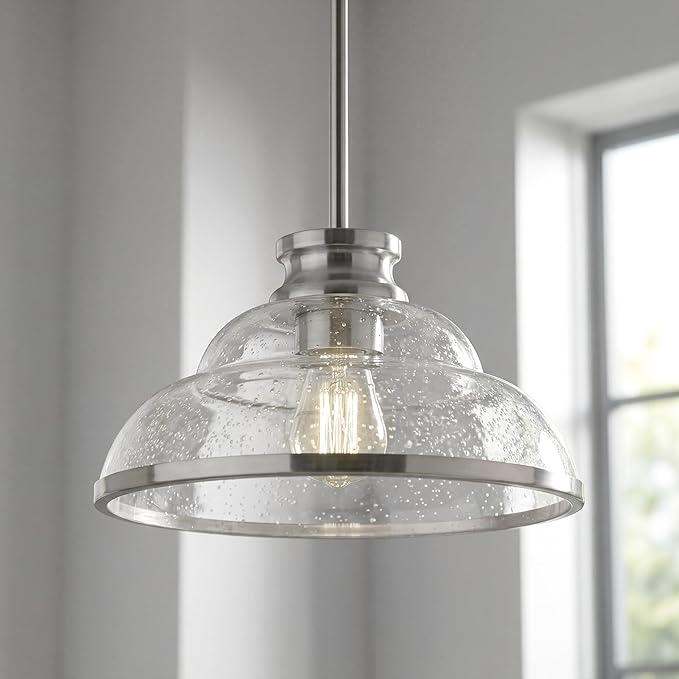 kudos Pendant Lights Kitchen Island, 11" Brushed Nickel Kitchen Island Lighting with Seeded Glass, Farmhouse Pendant Light fixtures for Kitchen Sink Dining Room Hallways, KDPL14-BN