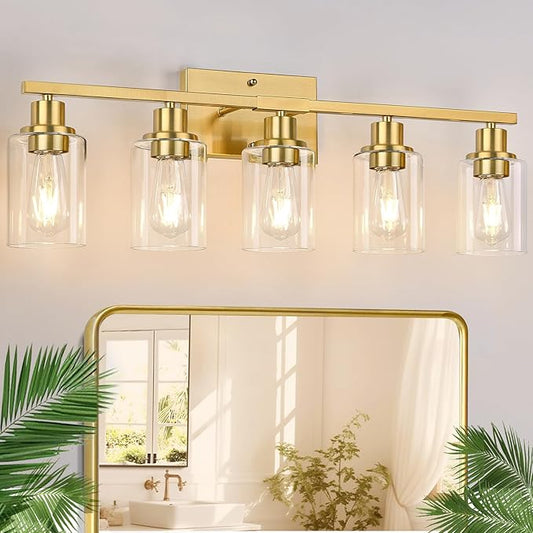 Indoi 5-Light Bathroom Vanity Light with Clear Glass Shades, Brushed Gold Bathroom Light Fixtures Over Mirror, Modern Vanity Light for Mirror Living Room Cabinet Bedroom Porch