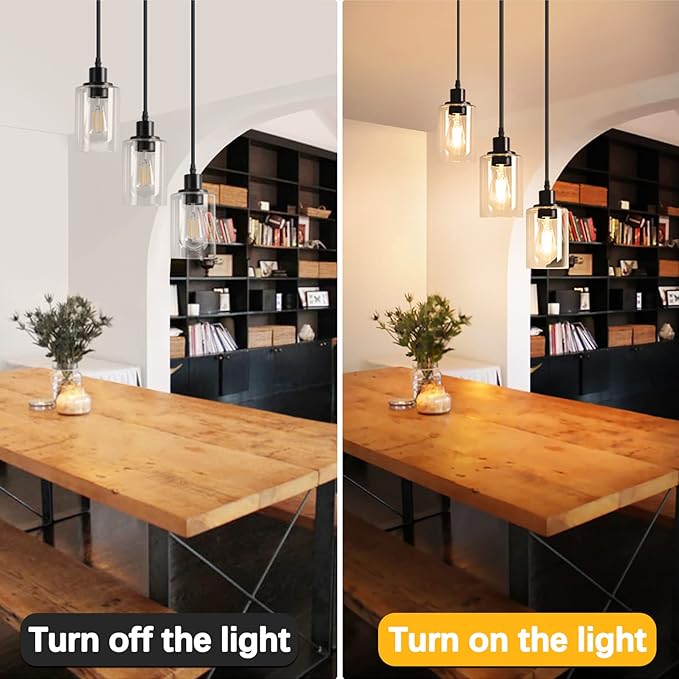 MAXvolador Industrial 3-Light Pendant Light, Adjustable Hanging Light Fixture with Clear Glass Shade, Pendant Lighting E26 Base Ceiling Lamp, Black