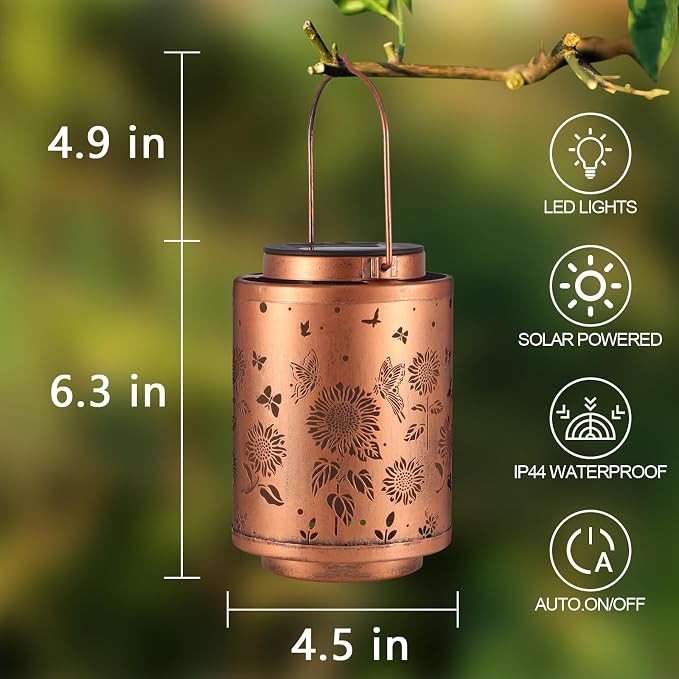 Solar Outdoor Lanterns, Butterflies Garden Decor LED Light Hanging Waterproof Solar Metal Lantern Gifts for Women Mon Grandma Sunflower Solar Lights Outdoor Decoration for Yard