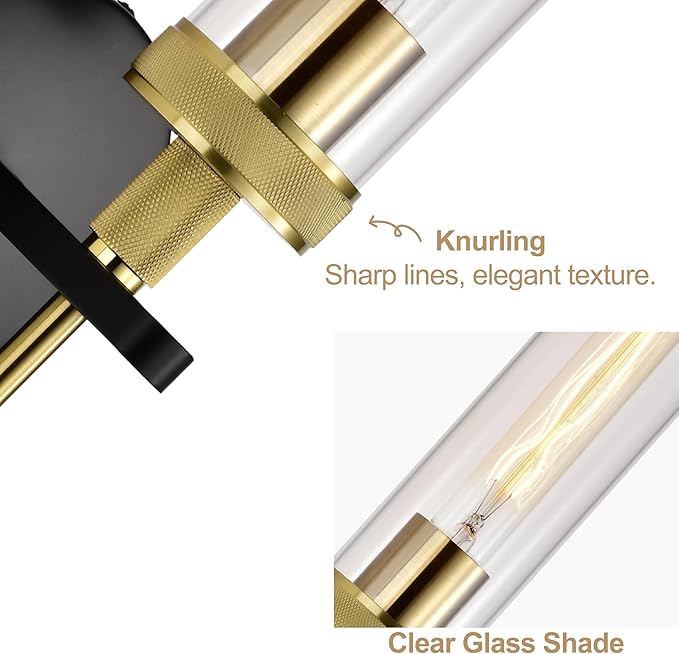 LaLuLa Black and Gold Bathroom Light Fixtures Over Mirror, Wall Sconces Set of 2 with Knurled Texture, Modern Hardwired Vanity Lights with Clear Glass Tube Shade for Bathroom，Bedroom