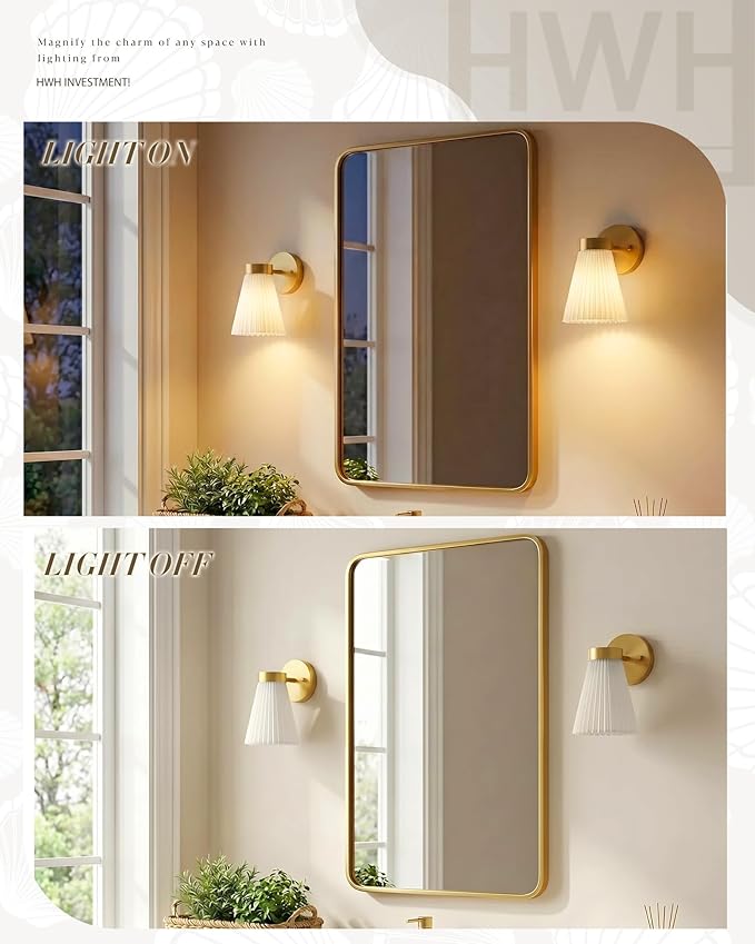 Set of 2 Wall Sconces, HWH Gold Bathroom Light Fixtures with Milk White Striped Fabric Shade, Up and Down Vanity Lights Fixture, Brushed Gold Finish, 5HZG97B-2PK BG-FB