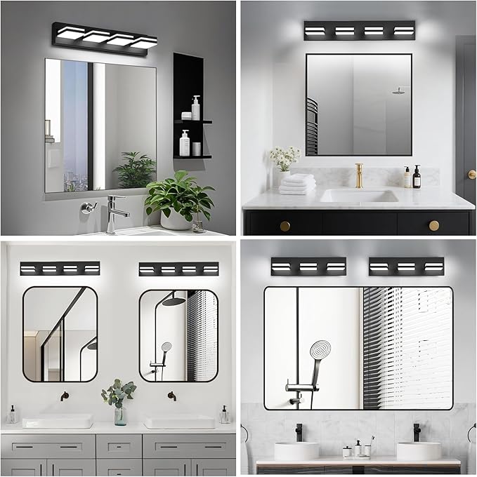 IZORRO LED Modern Bathroom Lights Fixtures(4-Light,Dimmable,360°Rotate),Matte Black Acrylic Wall Lighting,Vanity Lights for Bathroom Over Mirror - 6000k 24In （No Assembly Required）