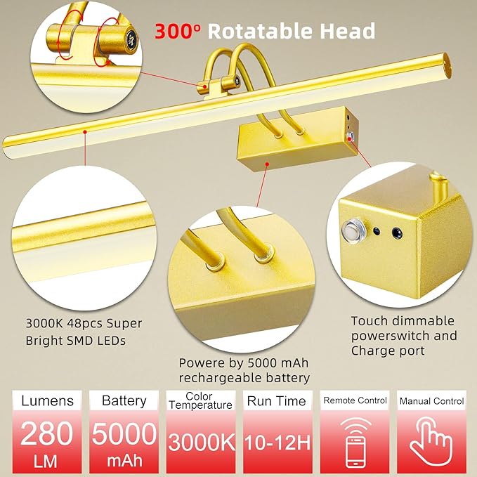 Picture Light, Cordless Picture Lights for Wall with Timer and Dimmable, 16 Inch Metal Battery Operated Wall Lights with 5000mAh Battery for Display Gallery Painting Art Frame Portrait - Gold