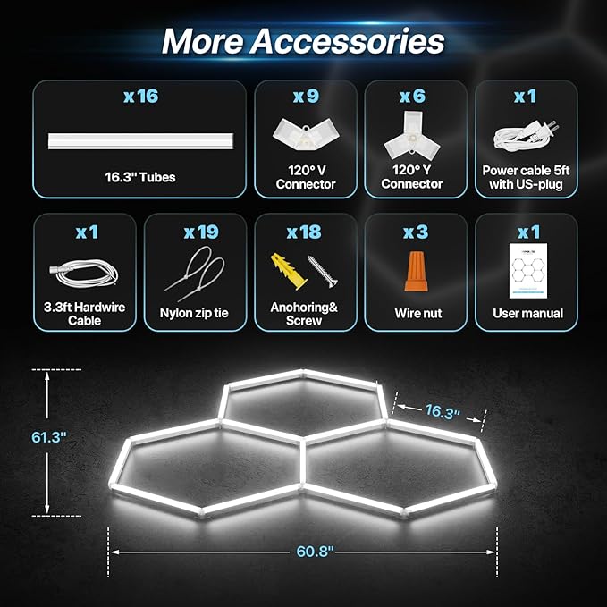 HYPERLITE Gen 2 Hexagon Garage LED Light, Upgraded 3 Level Dimmable 105W 10500LM Super Bright Garage Detailing Lights, 3 Grids Hex Shop Light, Hexagon LED Lights for Basement, Gym, Shop