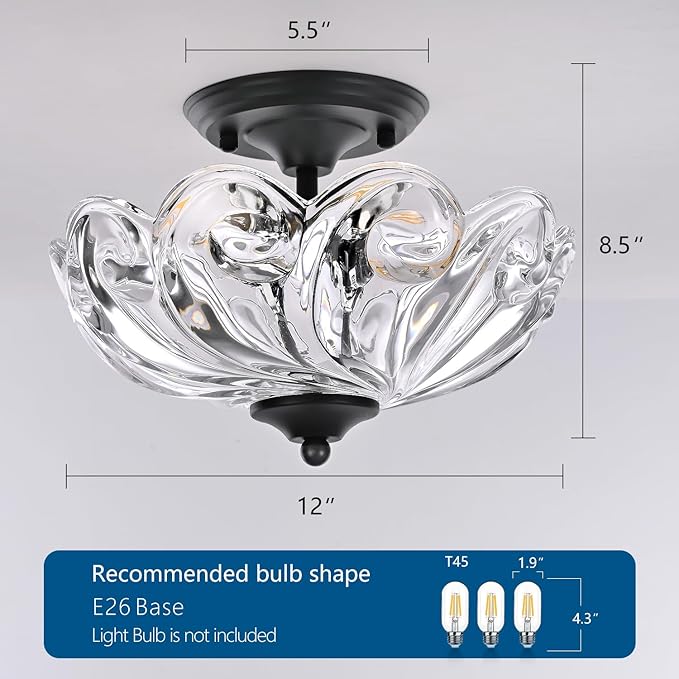 HuixuTe Modern Semi Flush Mount Ceiling Light, 3-Light Black Close to Ceiling Light Fixture with Clear Glass Shade for Living Room Entryway Bedroom