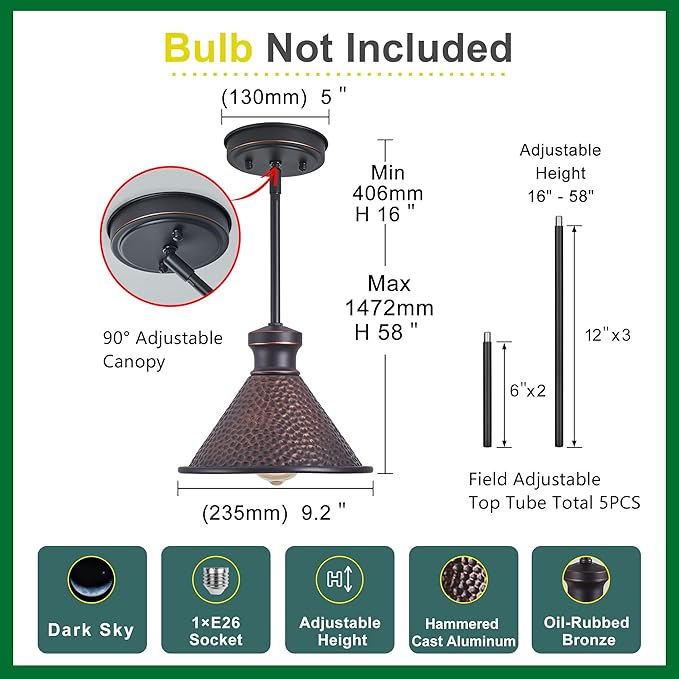 Tarentlight Max 58”Ht Adjustable Tube Mini Pendant,Vintage Hammered Pattern Cast Aluminum Shade,1-E26 Classic Lamp,Oil Rubbed Bronze Farmhouse Hanging Light for Kitchen Island,Entryway,Dining Room.
