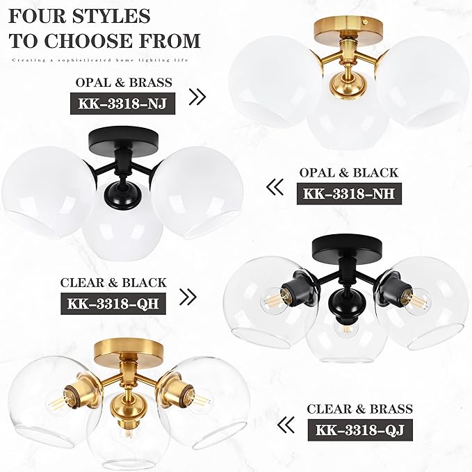 KoKo&Yukina 3-Light Mid Century Modern Gold Semi Flush Mount Ceiling Light Globe Sputnik Chandelier Fixture Milk Glass Globe Ceiling Lights for Bedroom Living Room Hallway Entryway Foyer