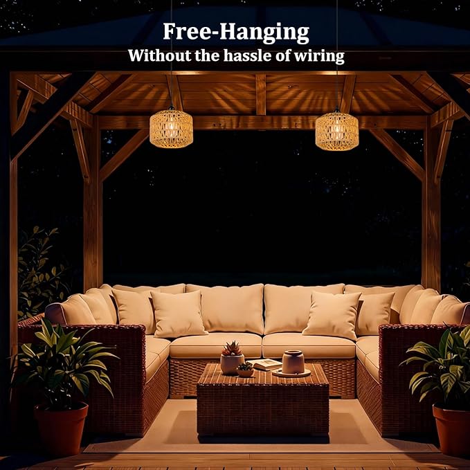 Battery Operated Outdoor Chandelier, Battery Power Hanging Pendant Lights, Woven Rattan Gazebo Light Outdoor Waterproof, for Gazebo, Pergola, Porch, Indoor Outdoor Decor Lighting (7.8")