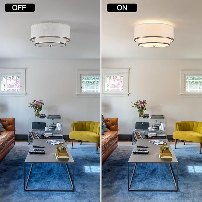 Luupyia 15.75 Inches Fabric Drum Ceiling Light, 3-Lights White Simple Semi Flush Mount Ceiling Lights with Double Fabric Shade, Drum Overhead Lighting for Bedroom Hallway Living Room E26, 60W