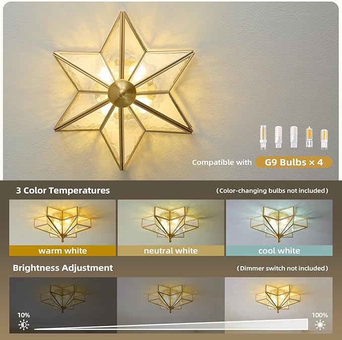 Star Brass Vintage Ceiling Light - 12.2 in Small Hammered Glass Antique Brushed Gold Flush Mount Fixture, Mid Century Art Deco Overhead Lighting for Kitchen Hallway Bedroom Bathroom Laundry Entryway