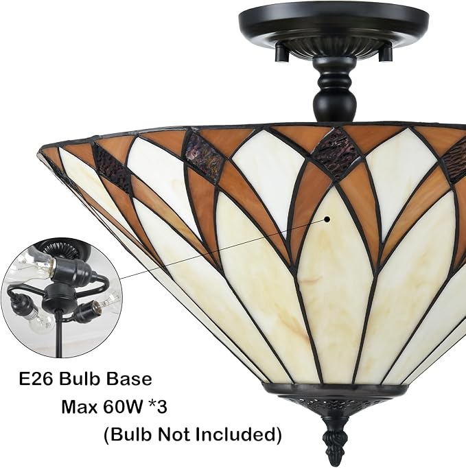Tiffany Style Semi Flush Mount Ceiling Light 3-Light 16.1-Inch Vintage Stained Glass Ceiling Light Fixture for Bedroom Dining Living Room Foyer Entryway