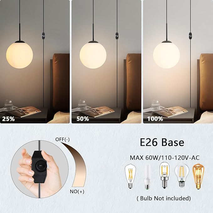 10” Plug in Globe Pendant Light Mid Century Modern Milk White Glass Globe Chandelier with 14.75ft Plug with Dimmable Switch for Bedroom Dining Room Kitchen Island, Black