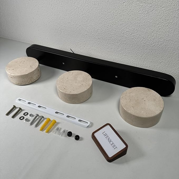Natural Stone Vanity Light Black Farmhouse Bathroom Light Fixtures Nordic Style Travertine Shade Linear Bathroom Wall Sconce Metal 3 Lights Rotatable LED Wall Light Over Mirror