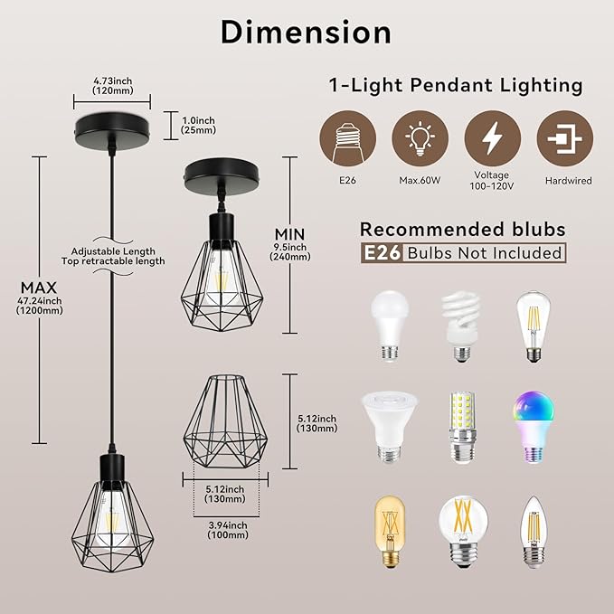 LTBLIGHT 3 Pack Hanging Lights for Kitchen, Black Farmhouse Pendant Light Fixture with 47.2in Adjustable Cord, Sloped Ceiling Lamp for Dining Room, E26 Base (Bulbs Not Included)