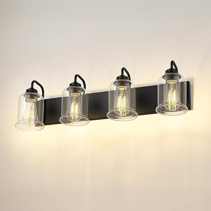 zeyu Modern Bathroom Light Fixtures, 4 Light Vanity Lighting, 28.5" Bathroom Mirror Wall Light, Matte Black Finish with Clear Glass Shade, ZSL72B-4W BK