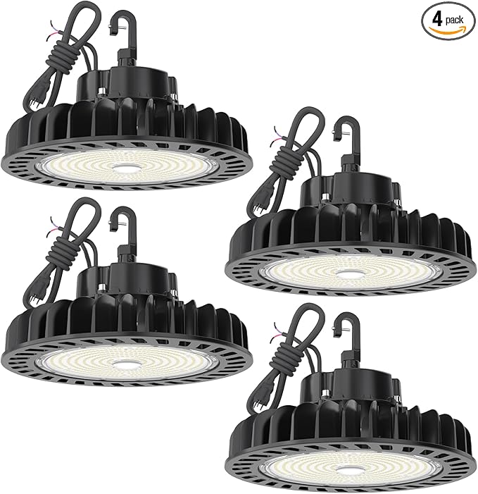HYPERLITE 4Pack LED UFO High Bay Lights 250W 36,250lm 1-10V Dimmable 5000K 5' Cable with 110V Plug Hanging Hook Safe Rope UL Listed for Shopping Mall Stadium Exhibition Hall