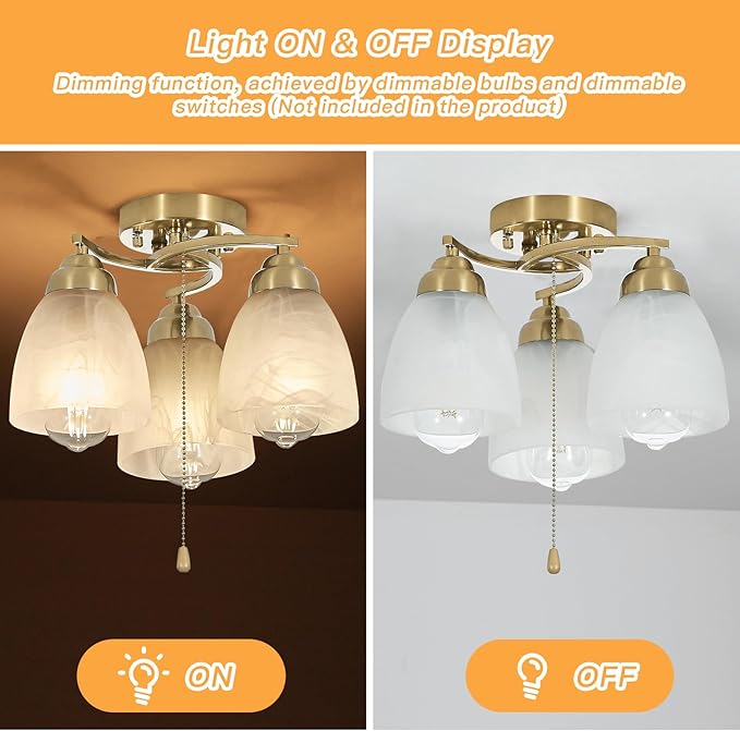 3-Light Flush Mount Ceiling Light with Pull Chain, Modern Golden Lighting Fixtures with Alabaster Glass for Kitchen Island Dining Room Bedroom Farmhouse Foyer Hallway