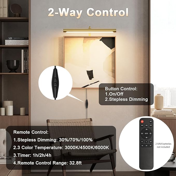 Picture Lights for Paintings Plug in, 16" Adjustable LED Gold Picture Light Art Light, Remote Control Gallery Painting Wall Light for Picture Display Dartboard Art Work (Gold)