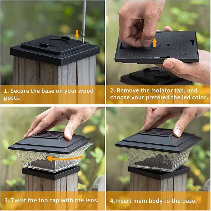 HUYIENO Solar Cap Lights Outdoor LED Lighting Deck Fence Two Light Modes Warm White/Bright White Suitable for 4x4 Wooden Posts Black 6PK