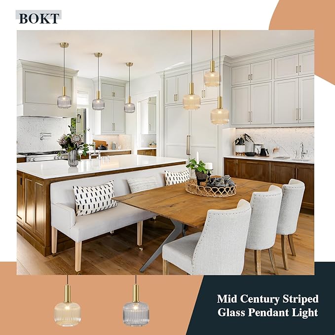 BOKT Modern 2-Pack Glass Pendant Lights Open Amber Ball Ceiling Pendant Lighting Fixture Adjustable Cord Hanging Light Lights Set of Two for Kitchen Island Entryway Dining Room