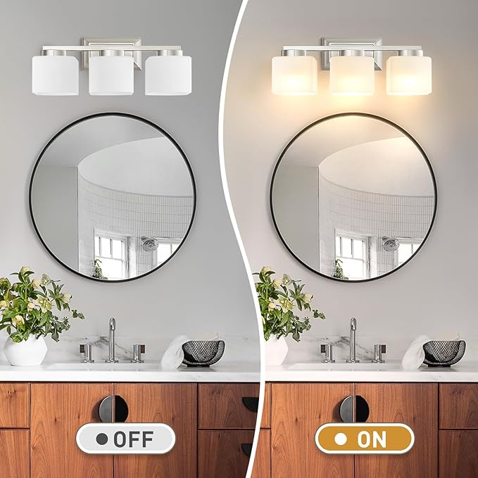 EJIAXIN 3-Light Bathroom Light Fixtures - Brushed Nickel Bathroom Vanity Lights with Glass Shade Modern Bathroom Lighting Fixtures Over Mirror - Wall Sconce Lamps for Bedroom,Living Room,Hallway