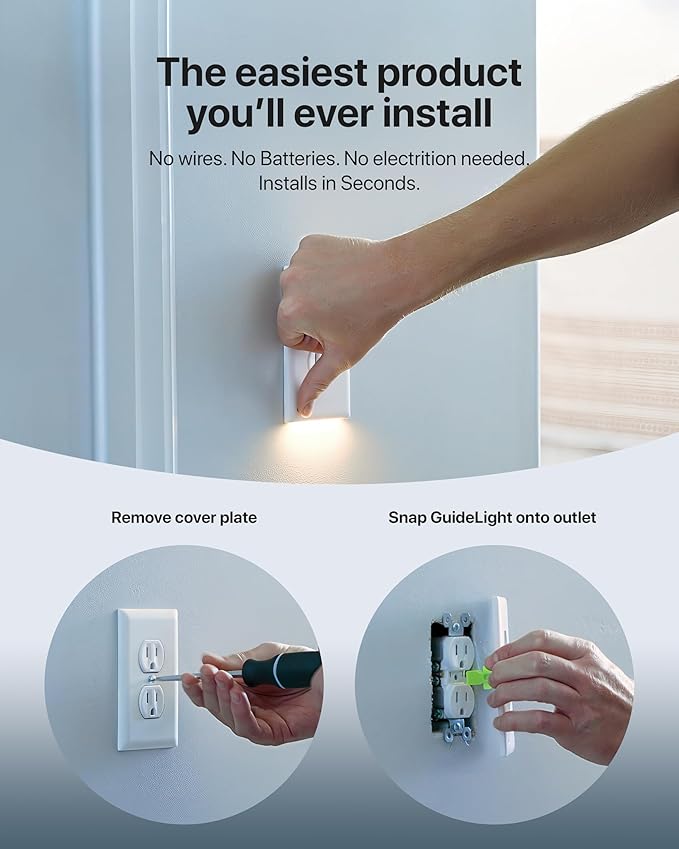 Single - SnapPower GuideLight [For Duplex Outlets] - Replaces Plug-In Night Light - Electrical Receptacle Wall Plate With LED Night Lights - Auto On/Off Sensor - (Duplex, Black)