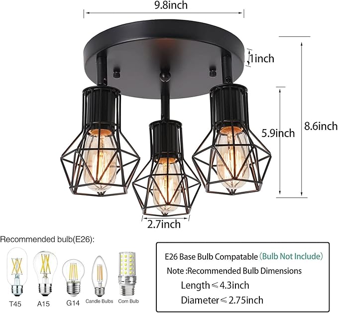 3-Light Flush Mount Ceiling Light Fixture, Industrial Kitchen Light Fixtures Ceiling, E26 Black Farmhouse Ceiling Light Fixture Black for Dining Room Hallway Entryway