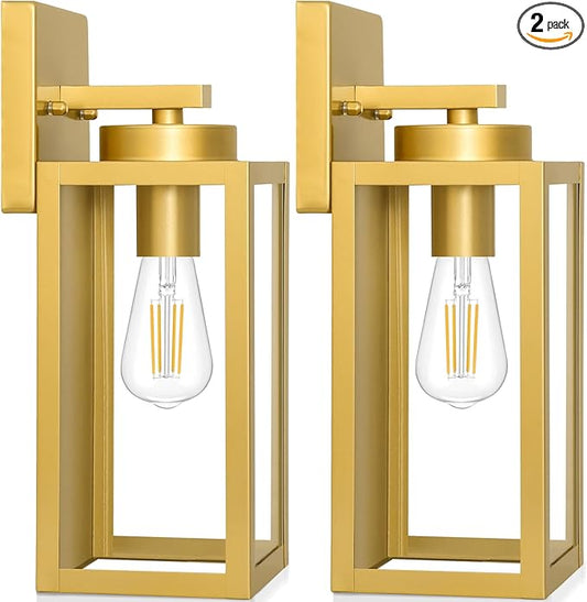 BesLowe 2-Pack Outdoor Wall Light Fixtures, Exterior Waterproof Wall Lanterns, Porch Sconces Wall Mounted Lighting with E26 Sockets & Glass Shades, Modern Wall Lamps for Patio Front Door, Gold