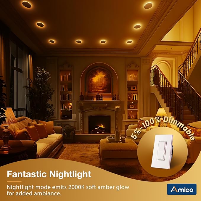 Amico 4 Pack 6 Inch 5CCT LED Recessed Ceiling Light with Night Light, 2700K/3000K/3500K/4000K/5000K Selectable Ultra-Thin Recessed Lighting, 12W=110W, 1100LM, Dimmable Canless Wafer Downlight ETL&FCC