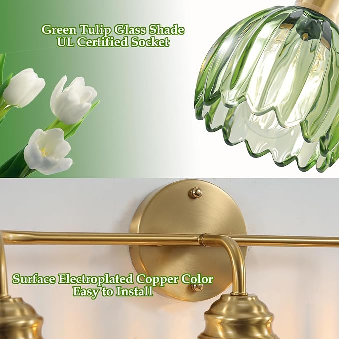 3 Light Vintage Bathroom Light Fixtures, Gold Bathroom Vanity Light, Brass Finish with GreenTulip Glass Shade, Wall Lighting for Bedroom, Living Room, Hallway,E26 Base